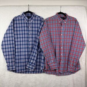 2 Collared Greens Shirts Mens L The Groove Button Down Red Blue Plaid‎